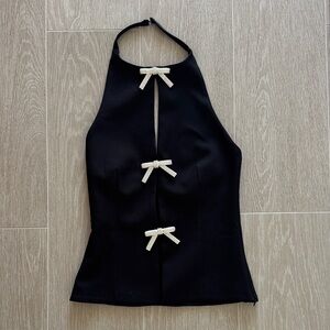 Zara Elegant Black Halter Top with Bow Accents